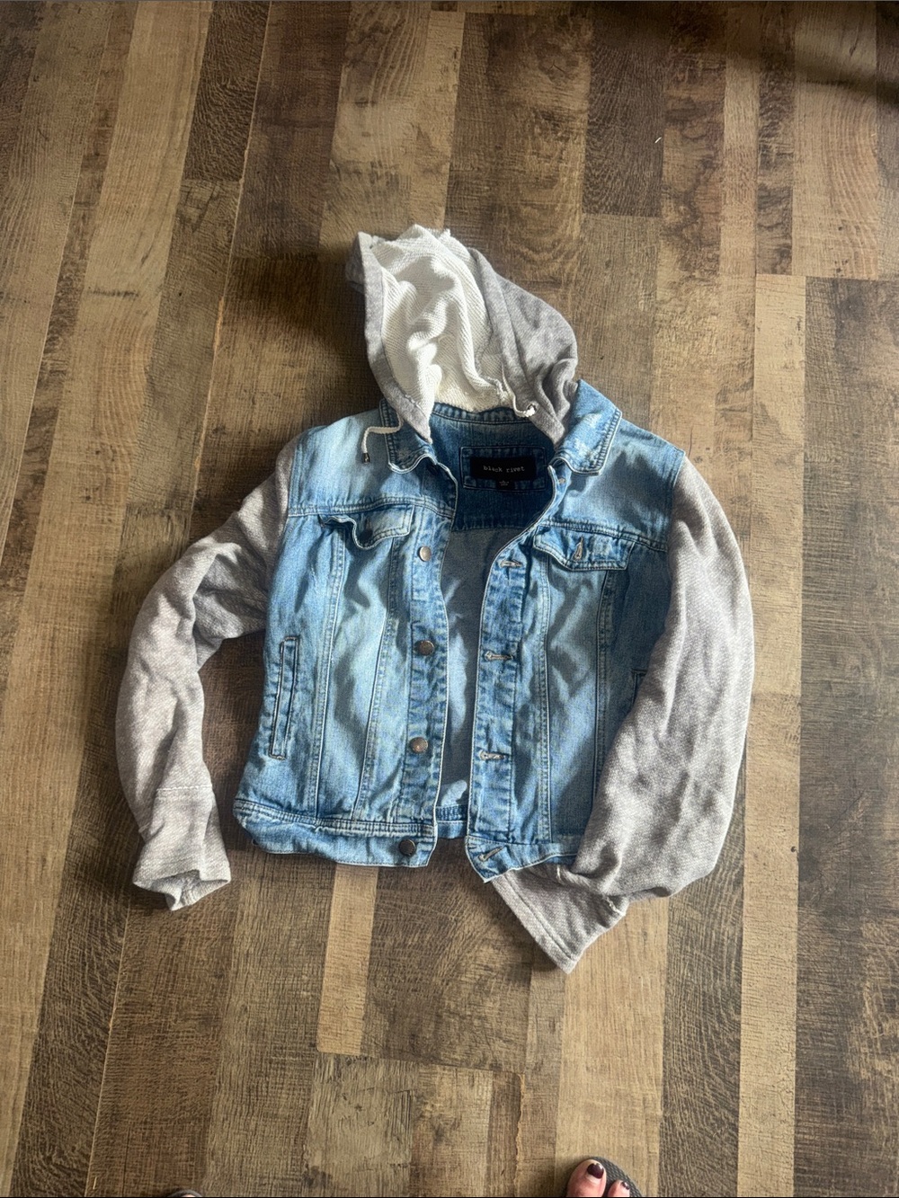 black riot Distressed Denim Jacket Sweatshirt Sleeves & Hood Size Large